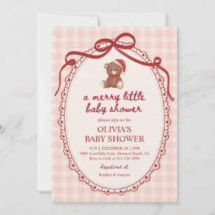 A Merry Little Christmas Bear Gingham Baby Shower Invitation