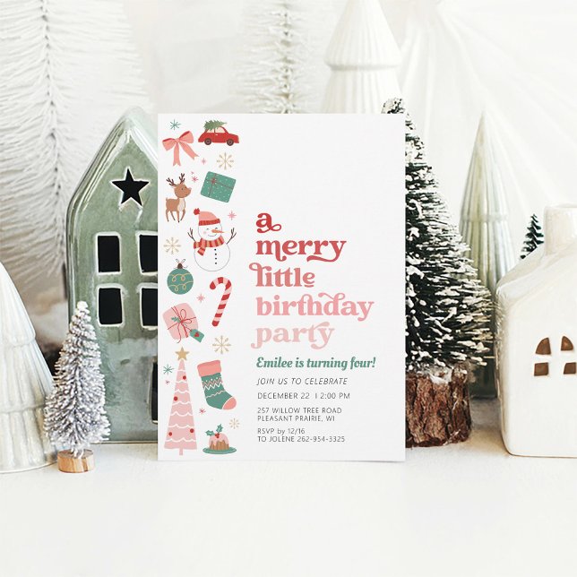 A Merry Little Christmas Birthday Party Girl Pink Invitation (A Merry Little Birthday Party pink and red invitation for girl December Christmas Holiday birthday)