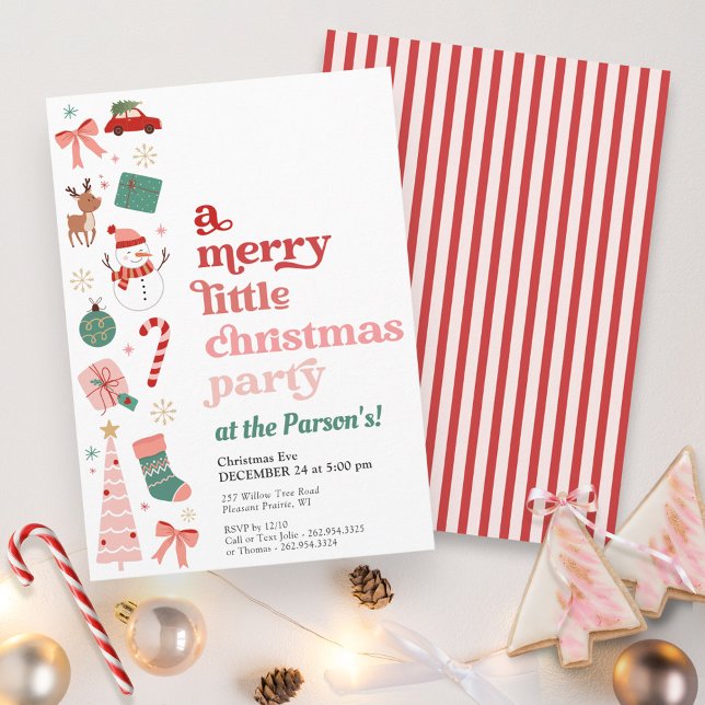 A Merry Little Christmas Party Pink and Red Modern Invitation (Merry Little Christmas modern pink and red hand drawn classic retro stripes holiday party invitation)