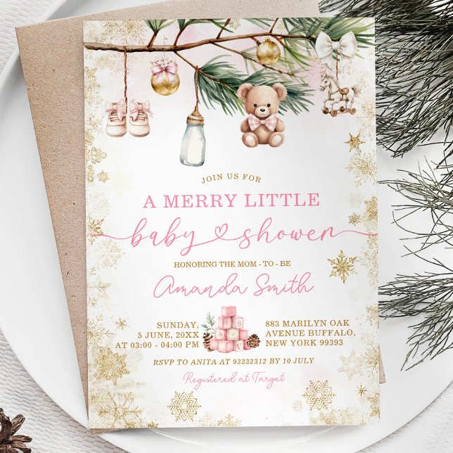A Merry Little Gold Christmas Pink Baby Shower Invitation (Creator Uploaded)