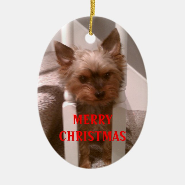 A Merry Yorkie Christmas Ceramic Tree Decoration (Front)