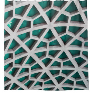 A meshwork of concrete support beams on a ceiling shower curtain