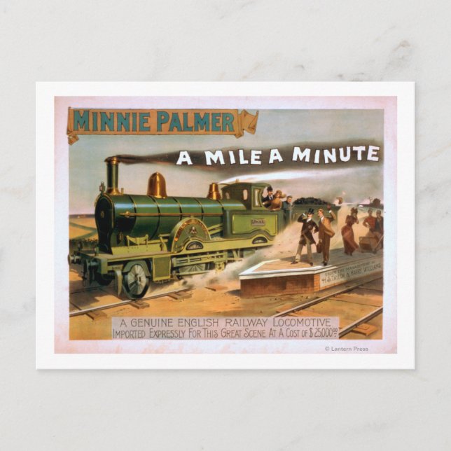 "A Mile a Minute" Big Locomotive Train Theatre Postcard (Front)