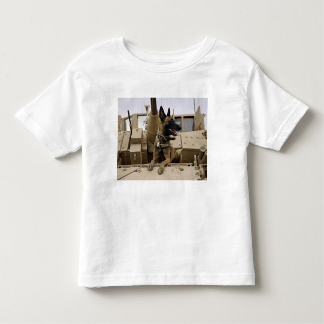 A military working dog sits on a M2A3 Toddler T-Shirt (Front)