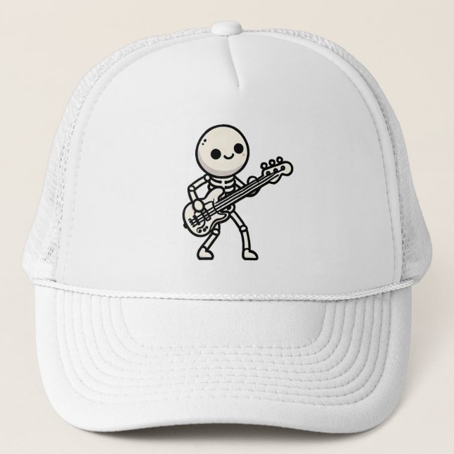 A minimal skeleton bass player trucker hat (Front)