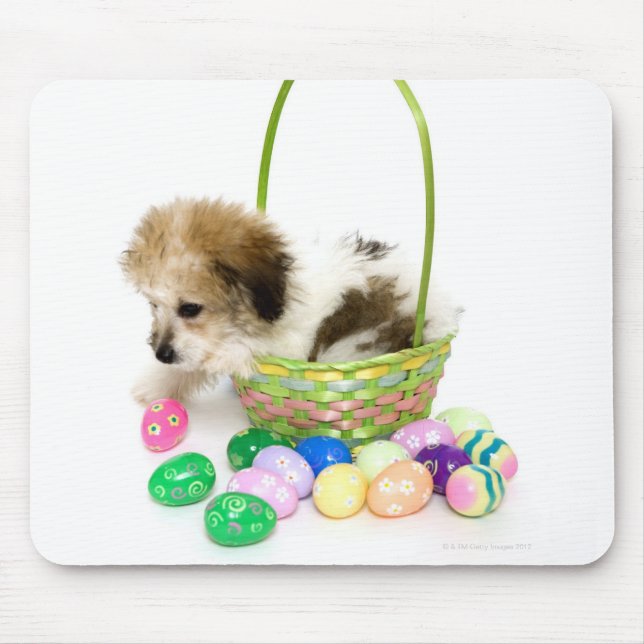A mixed breed puppy sitting in an Easter basket Mouse Pad (Front)