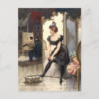 A Model Fastening Her Garter In An Artist's Studio Postcard