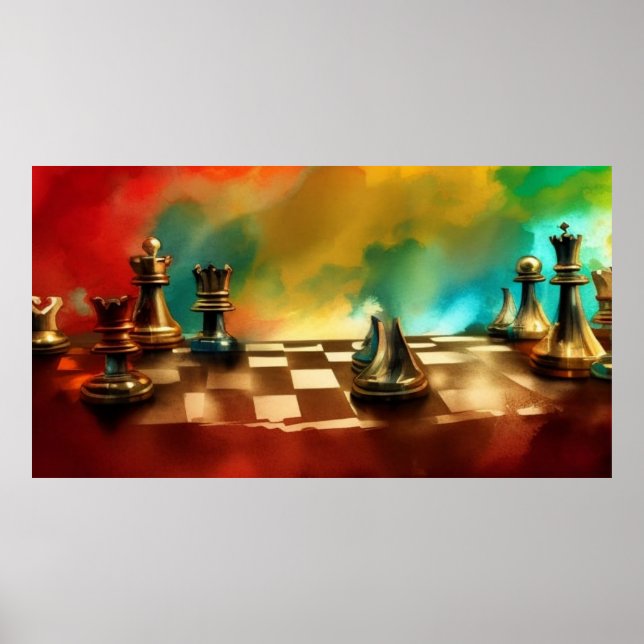 A modern abstract red teal gold chessboard figures poster (Front)