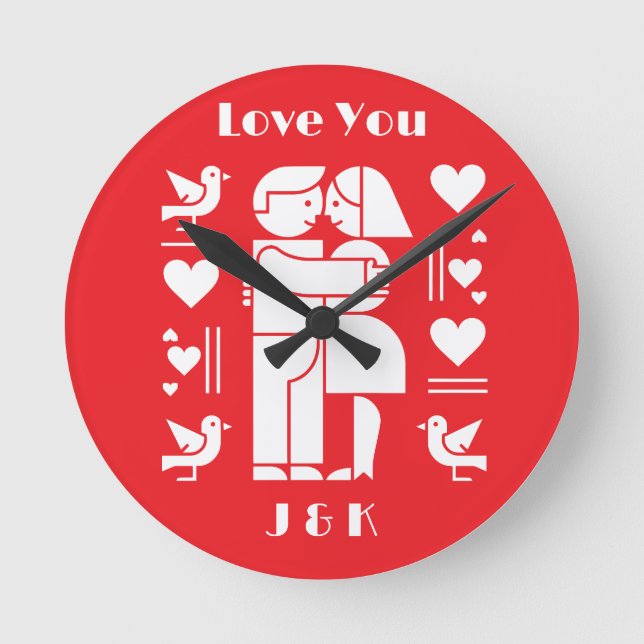 A modern Bauhaus personalized Valentine’s Day Round Clock (Front)