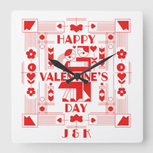 A modern Bauhaus personalized Valentine’s Day Square Wall Clock