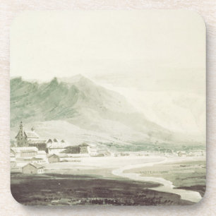 A monastery in an alpine valley (grey & blue washe coaster