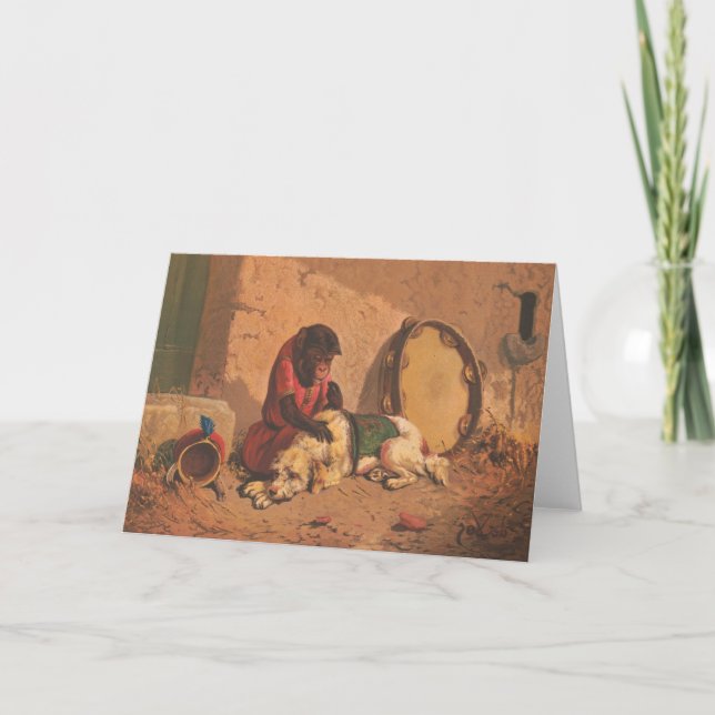 A Monkey And A Dog With A Large Tambourine Card (Front)