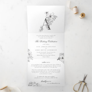 'A' Monogram Beautiful Sketched Floral Wedding Tri-Fold Invitation