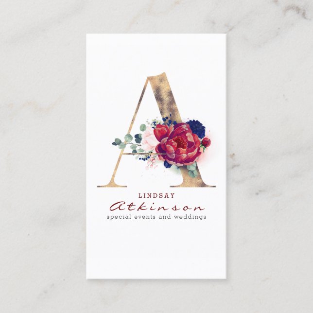 A Monogram Burgundy Gold and Navy Blue Floral Business Card (Front)