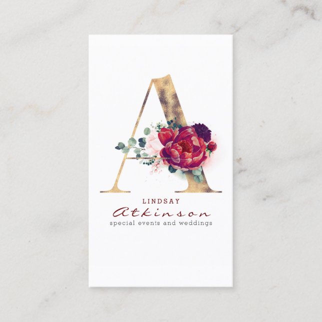 A Monogram Burgundy Red Flowers and Faux Gold Business Card (Front)