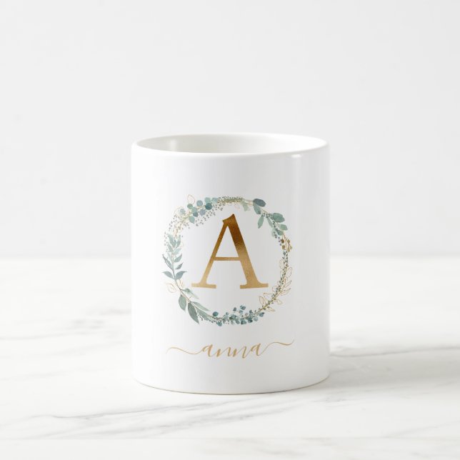 A  monogram, customer specific leafy wreath   coffee mug (Center)