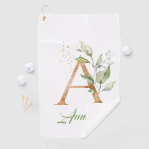 A monogram greenery eucalyptus gold glitter  golf towel