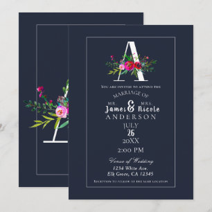 A Monogram Last Initial Modern Blue Floral Wedding Invitation