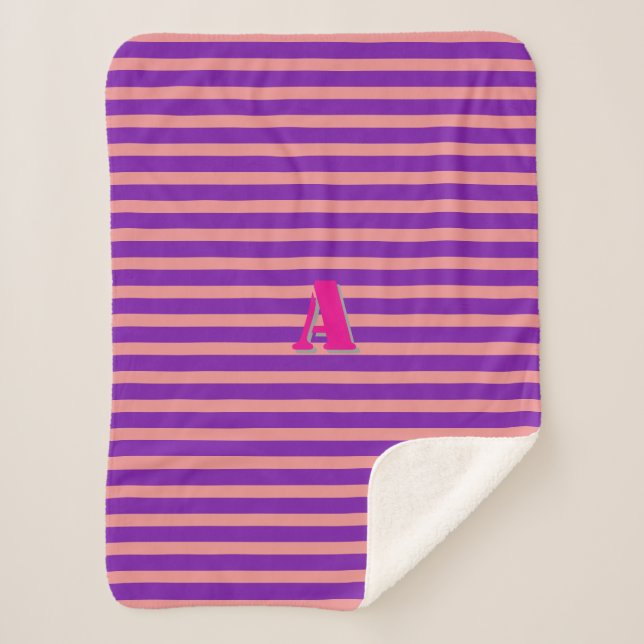 A Monogram Purple Pink Stripe Sherpa Blanket (Front)