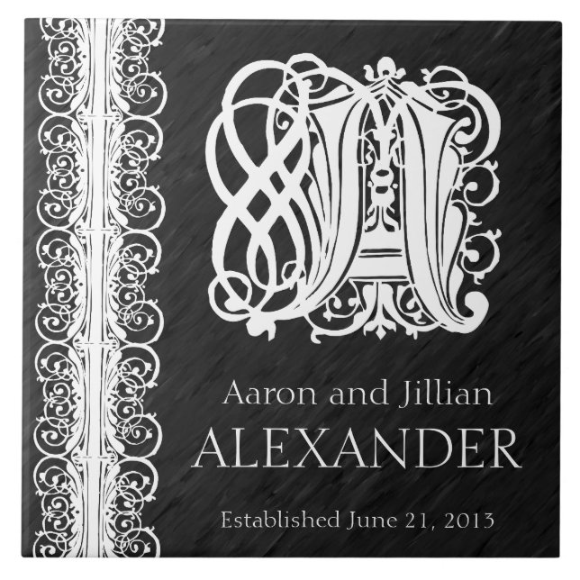 A Monogram "White Lace on Black" Wedding Tile (Front)