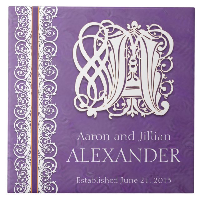 A Monogram "White Lace on Purple" Wedding Tile (Front)