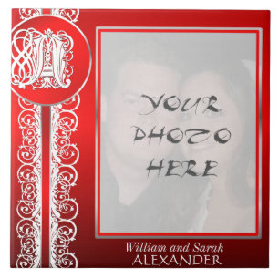 A Monogram "White Lace on Red" with Photo - Tile