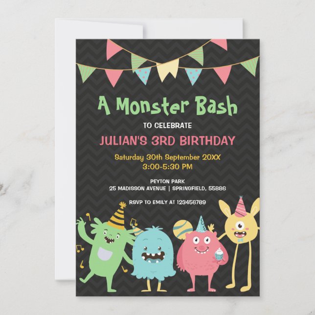 A Monster Bash Kids Colourful Birthday Invitation (Front)