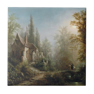 A Moonlit Night Over a Chapel and Riders - Rieger  Tile