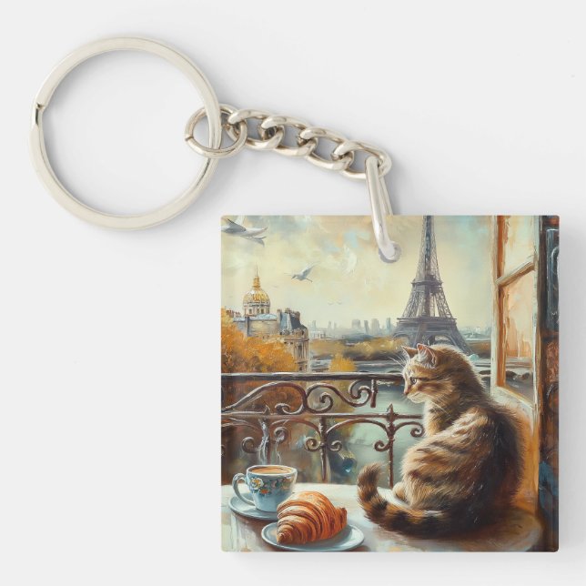 A Morning in Paris | Ginger Cat at a Cafe Key Ring (Front)