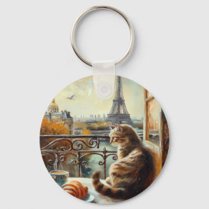A Morning in Paris Ginger Cat at a Cafe Key Ring