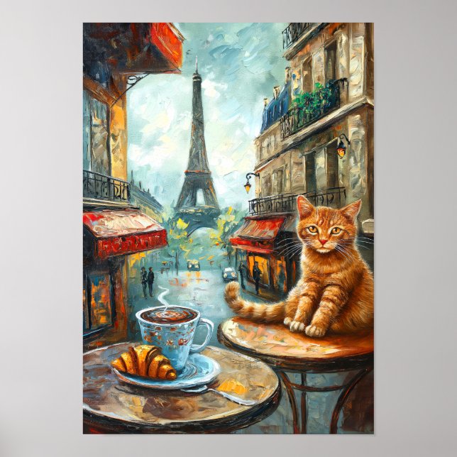 A Morning in Paris | Ginger Cat at a Cafe Poster (Front)