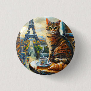 A Morning in Paris Tabby Cat at a Cafe 3 Cm Round Badge