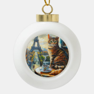 A Morning in Paris Tabby Cat at a Cafe Ceramic Ball Christmas Ornament