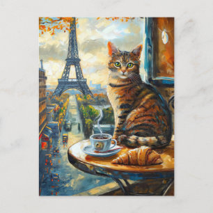 A Morning in Paris   Tabby Cat at a Cafe Invitation Postcard
