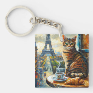 A Morning in Paris Tabby Cat at a Cafe Key Ring