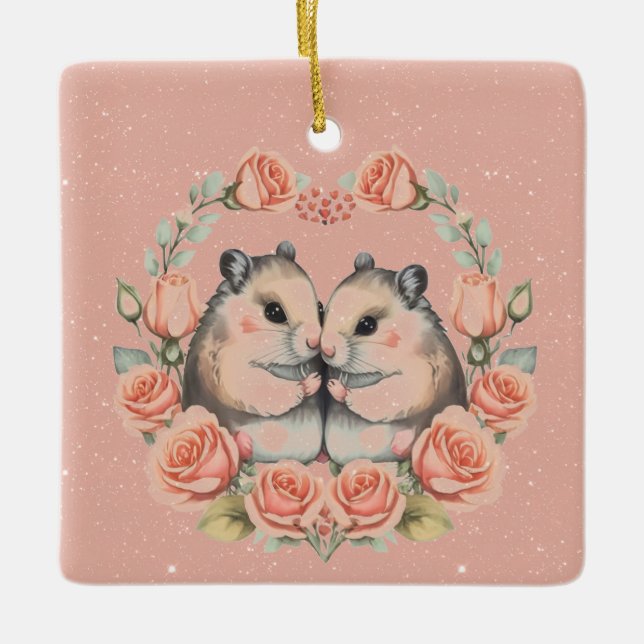 A Mouse Couple In a Wreath of Roses Valentine Cera Ceramic Ornament (Front)