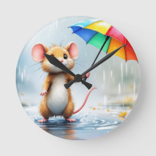 A mouse with a rainbow umbrella rain watercolor round clock