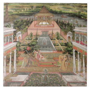 A Mughal Princess in her Garden (gouache on paper) Tile