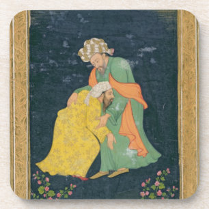 A Mullah bowing down to a man in Iranian dress who Coaster