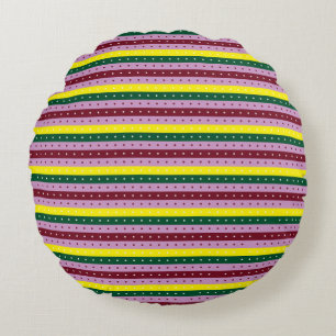 a multicolored striped background with dots round cushion