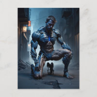 A muscled man with one knee on the ground seems to