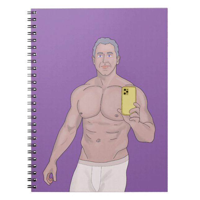 A muscular grey-haired man taking a selfie notebook (Front)