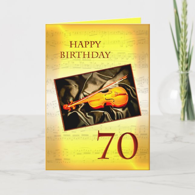 A musical 70th birthday card with a violin (Front)