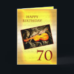 A musical 70th birthday card with a violin<br><div class="desc">A musical card featuring a violin lying on silk. In the background is a page of sheet music. See the whole range of cards for ages and relationships in my store. All artwork copyright Norma Cornes</div>