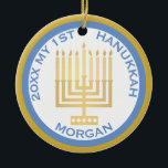 A My 1st Hanukkah Photo Blue Gold Personalised Ceramic Tree Decoration<br><div class="desc">Personalise this cute blue and gold MY 1ST HANUKKAH ornament for a one of a kind keepsake. Upload your baby's photo on one side and add baby's name and the year on the other. The traditional blue and gold Hanukkah colours are highlighted by a simple gold tone Menorah in the...</div>