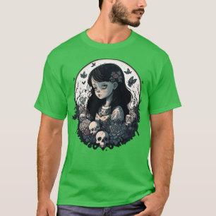 A mysterious girl and skulls Wednesday vector art T-Shirt
