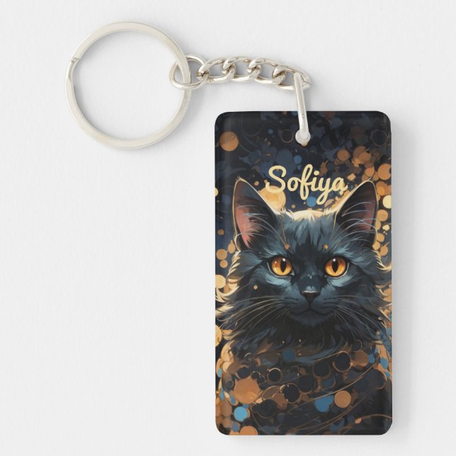 A mysterious majestic black cat glitter name key ring (Front)