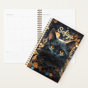 A mysterious majestic black cat glitter name planner