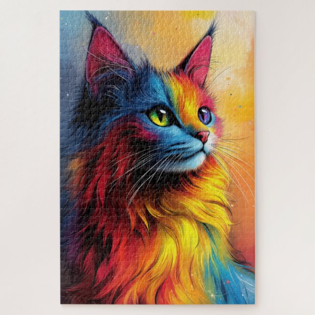 A mystical cat with luminous multi coloured fur jigsaw puzzle (Vertical)