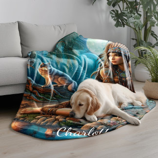 A mystical night with a native Indian and wolves Fleece Blanket